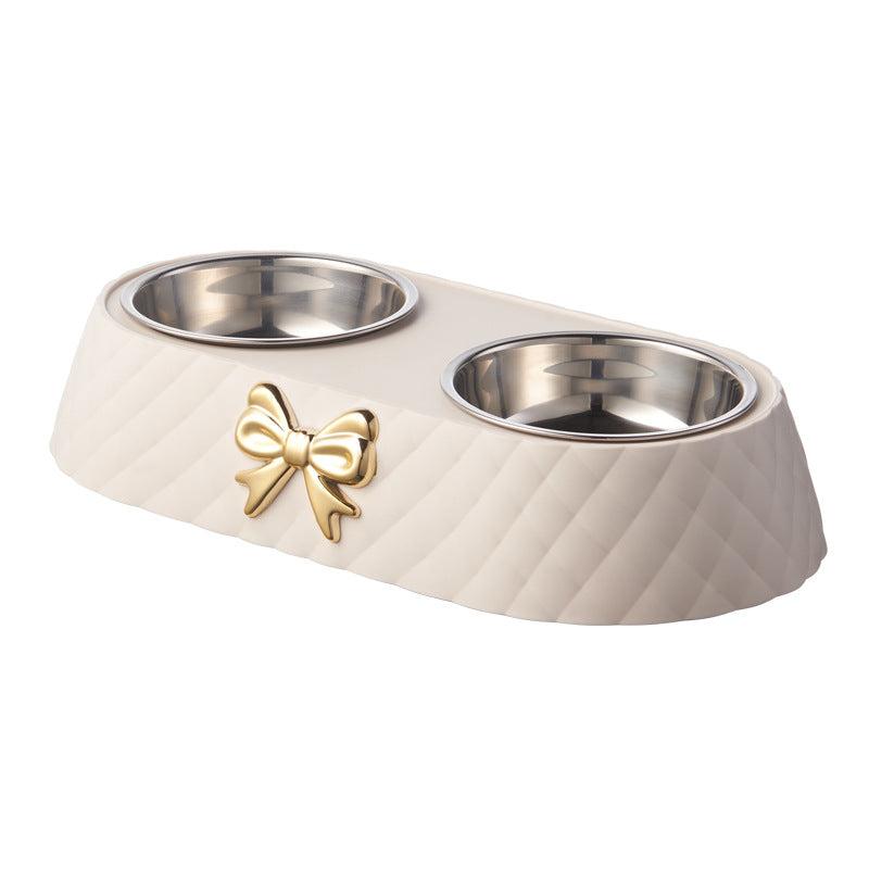 Double Bowl for Cats and Dogs with Bowknot Carved Pet Food Dish