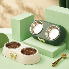 Double Bowl for Cats and Dogs with Bowknot Carved Pet Food Dish