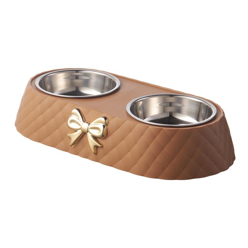 Double Bowl for Cats and Dogs with Bowknot Carved Pet Food Dish