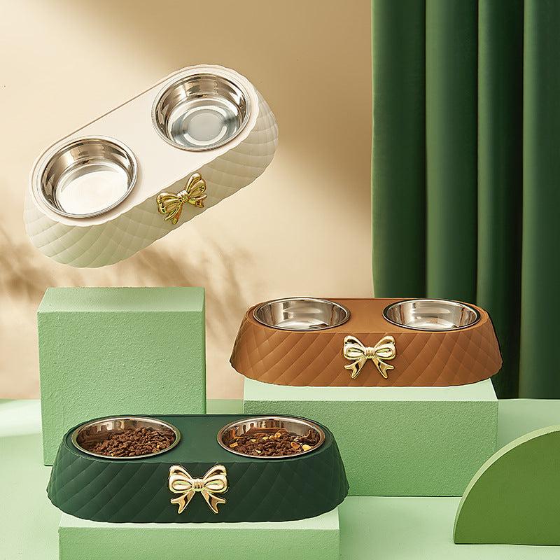 Double Bowl for Cats and Dogs with Bowknot Carved Pet Food Dish
