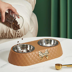 Double Bowl for Cats and Dogs with Bowknot Carved Pet Food Dish