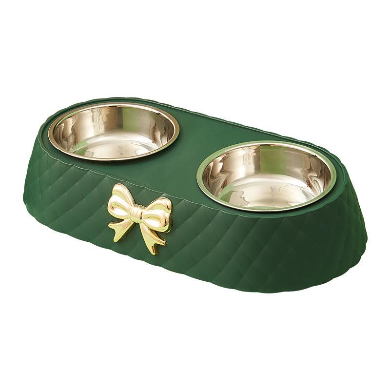 Double Bowl for Cats and Dogs with Bowknot Carved Pet Food Dish