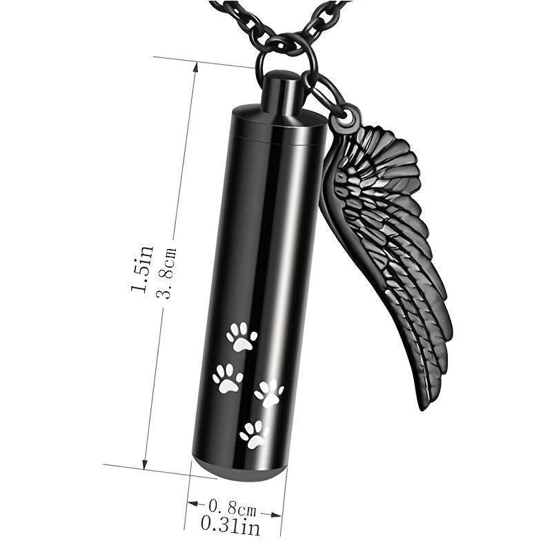 Cylinder Cremation Urn Necklace For Ashes With Angel Wing