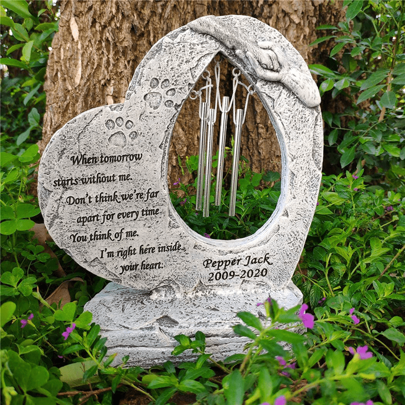 Heart Shaped Pet Memorial Stones with Wind Chimes for Garden