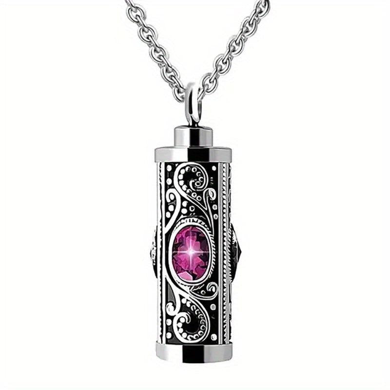 Stainless Steel Memorial Urn Pendant Necklace with Birthstone Crystal