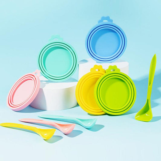 2pcs Pet Food Tin Lids Sealed Cover Spoon Silicone Random Colors
