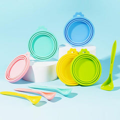 2pcs Pet Food Tin Lids Sealed Cover Spoon Silicone Random Colors