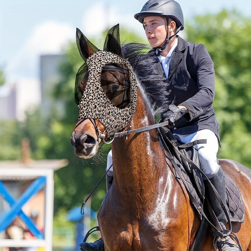Comfortable Horse Fly Mask with Ears Elasticity Leopard Print Large