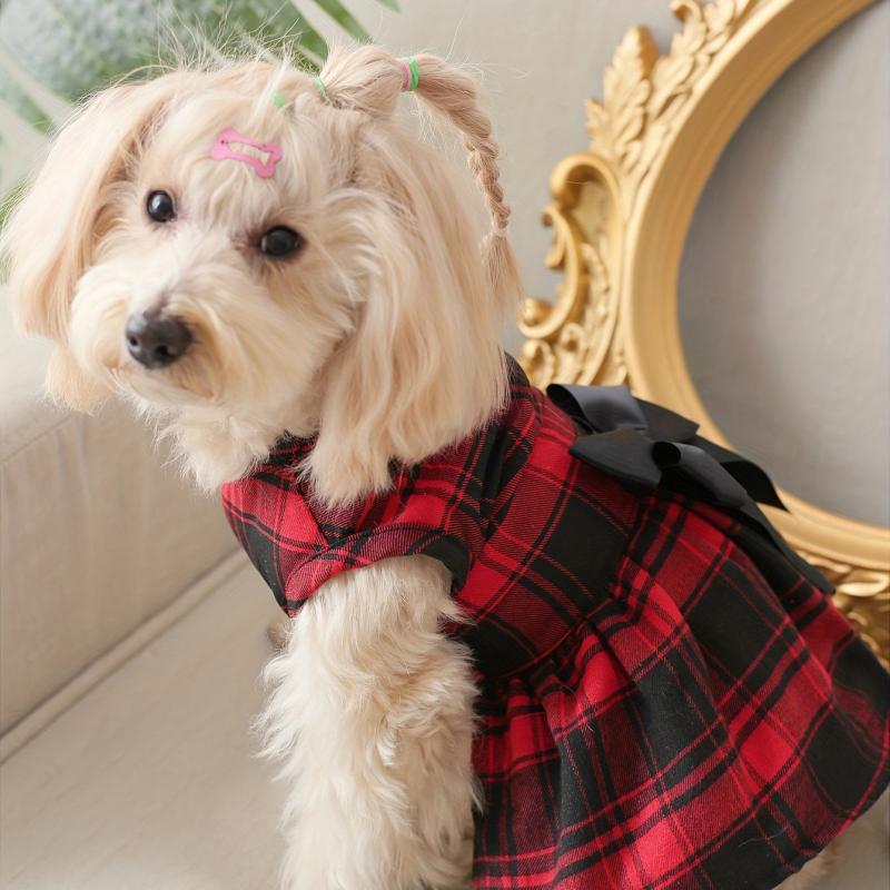 Pet Red Plaid Dog Dress With Bowknot Decor Puppy And Cat Skirt