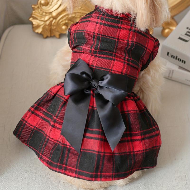 Pet Red Plaid Dog Dress With Bowknot Decor Puppy And Cat Skirt