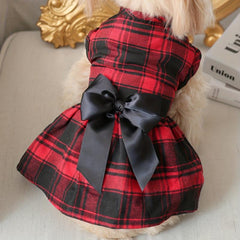 Pet Red Plaid Dog Dress With Bowknot Decor Puppy And Cat Skirt
