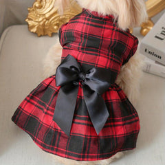 Pet Red Plaid Dog Dress With Bowknot Decor Puppy And Cat Skirt