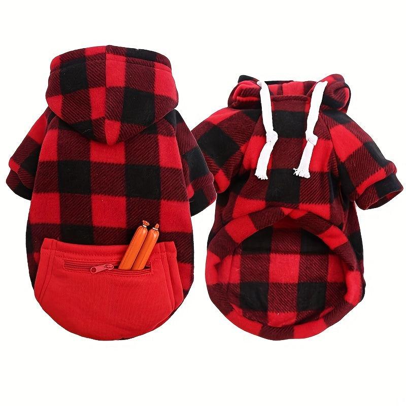 Plaid Pet Hoodie with Zipper Pocket for Small, Medium, Large Dogs and Cats