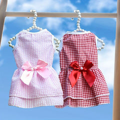 Checkered Dog Dress with Bow for Small and Medium Pets