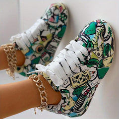 Women's Graffiti Print Platform Sneakers Lace Up Casual Skate Shoes