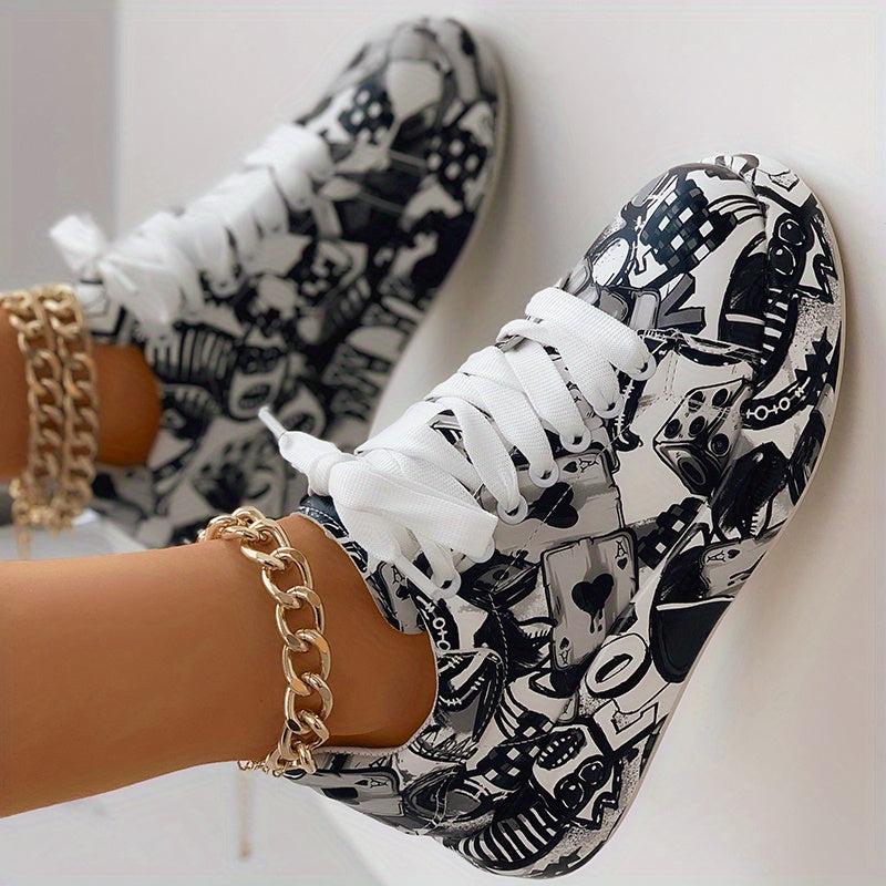 Women's Graffiti Print Platform Sneakers Lace Up Casual Skate Shoes