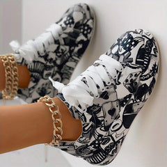 Women's Graffiti Print Platform Sneakers Lace Up Casual Skate Shoes