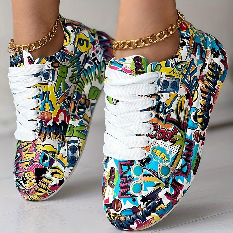 Women's Graffiti Print Platform Sneakers Lace Up Casual Skate Shoes
