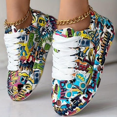 Women's Graffiti Print Platform Sneakers Lace Up Casual Skate Shoes