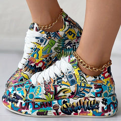 Women's Graffiti Print Platform Sneakers Lace Up Casual Skate Shoes