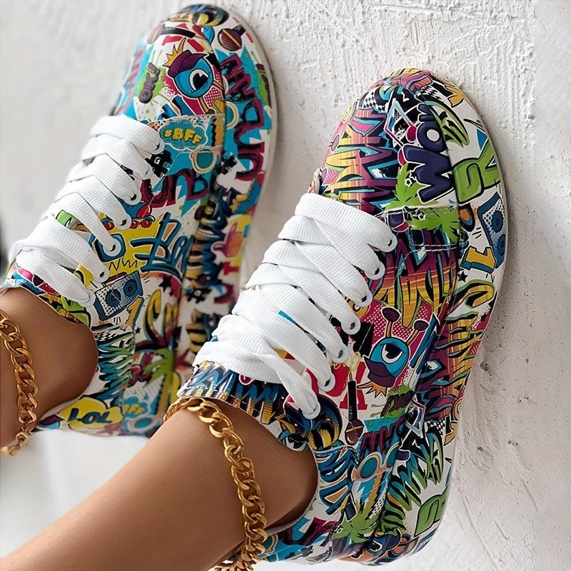 Women's Graffiti Print Platform Sneakers Lace Up Casual Skate Shoes