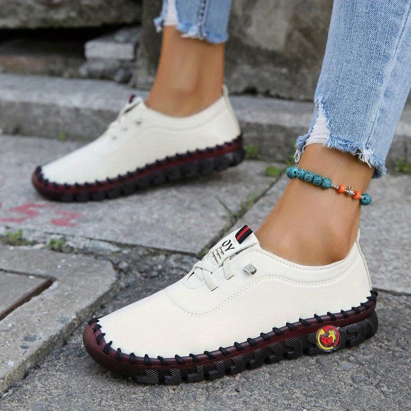 Women's Flat Sneakers Soft Sole Lace-Up Faux Leather Shoes