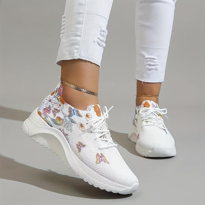 Women's Flower & Butterfly Pattern Sneakers Lace Up Running Shoes