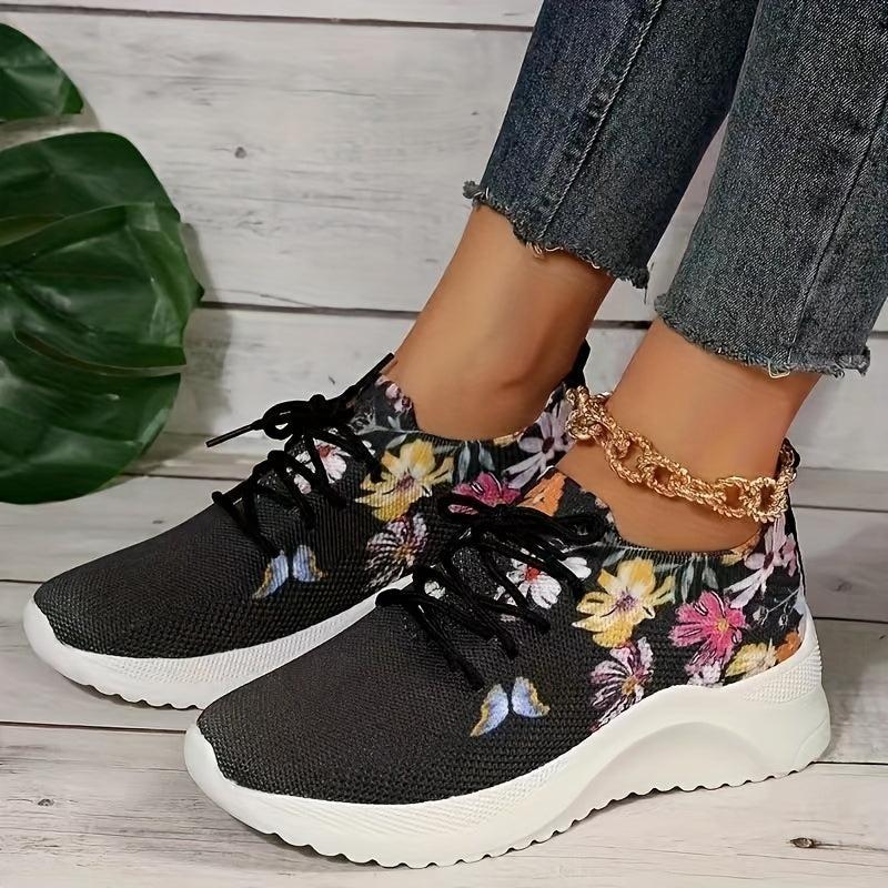Women's Flower & Butterfly Pattern Sneakers Lace Up Running Shoes