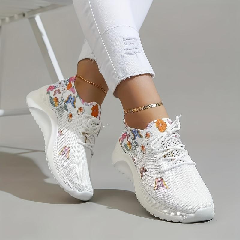 Women's Flower & Butterfly Pattern Sneakers Lace Up Running Shoes