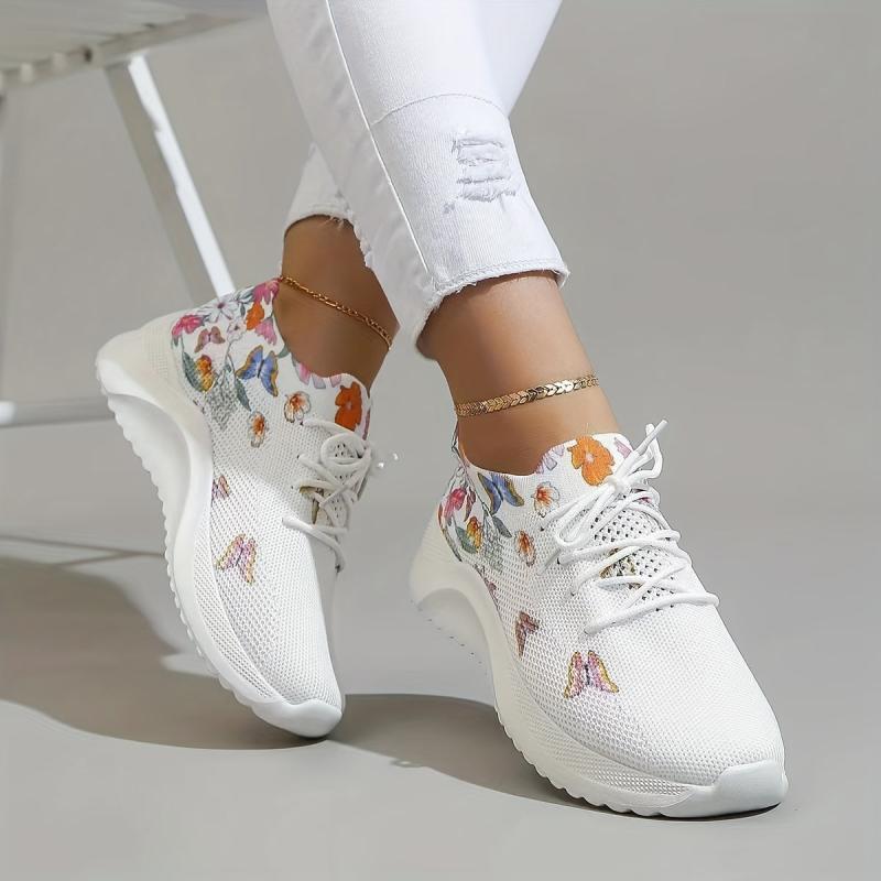 Women's Flower & Butterfly Pattern Sneakers Lace Up Running Shoes