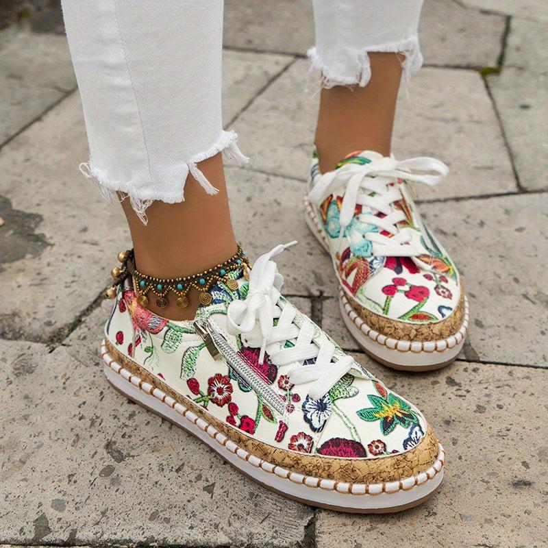Women's Floral Print Flat Sneakers Lace Up Side Zipper Low Top Shoes