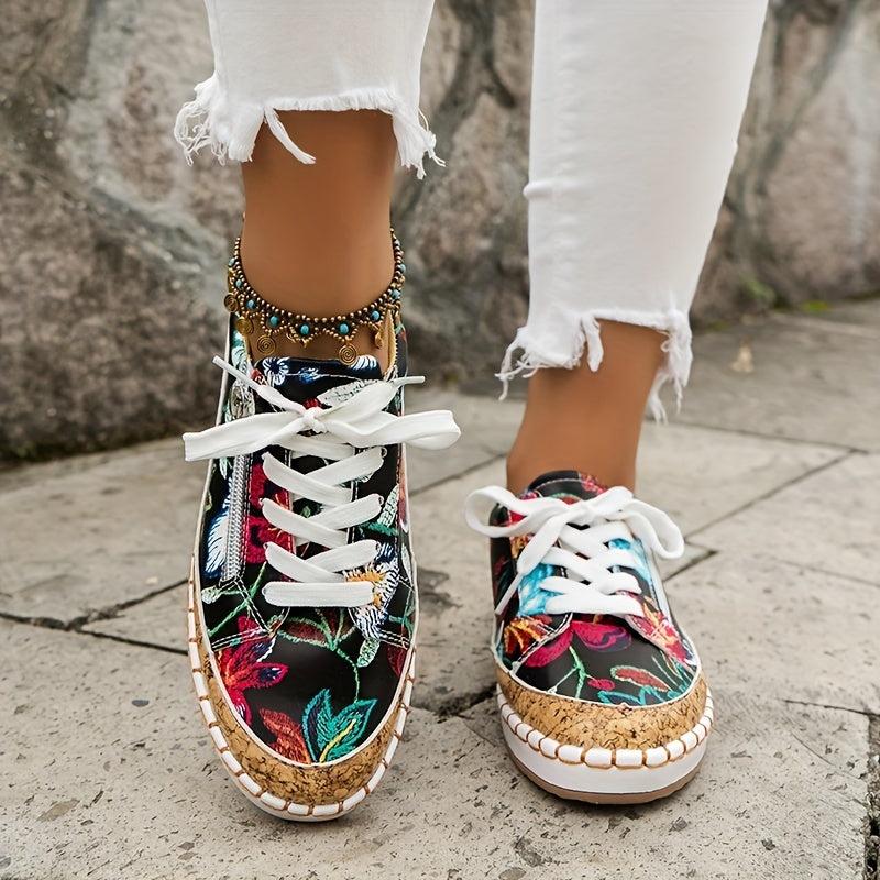 Women's Floral Print Flat Sneakers Lace Up Side Zipper Low Top Shoes