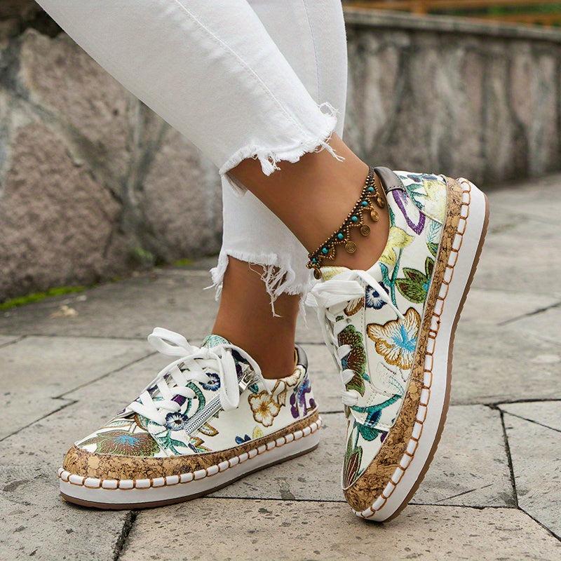 Women's Floral Print Flat Sneakers Lace Up Side Zipper Low Top Shoes