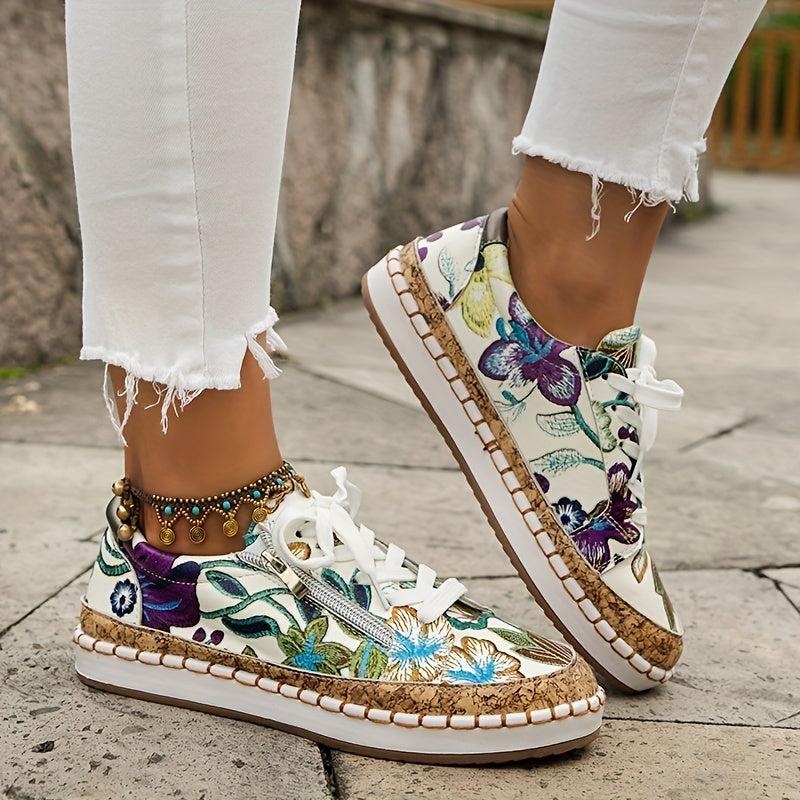 Women's Floral Print Flat Sneakers Lace Up Side Zipper Low Top Shoes