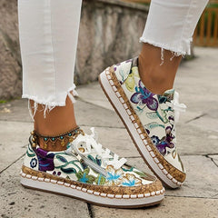 Women's Floral Print Flat Sneakers Lace Up Side Zipper Low Top Shoes