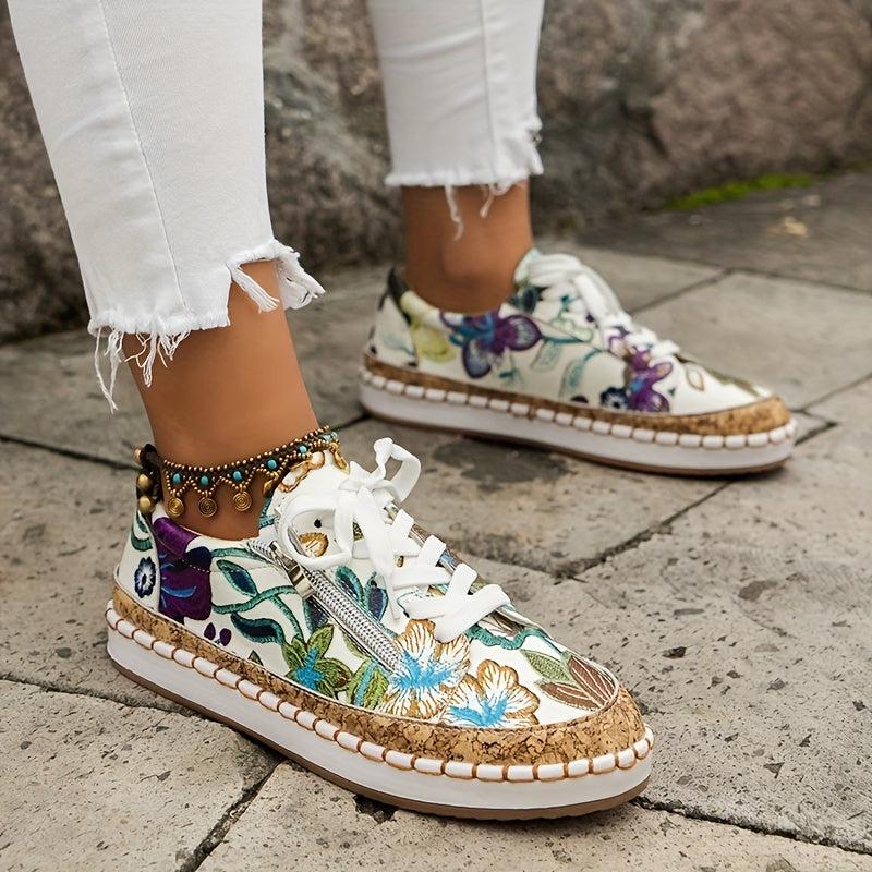 Women's Floral Print Flat Sneakers Lace Up Side Zipper Low Top Shoes