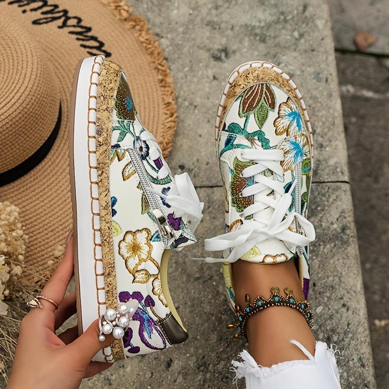 Women's Floral Print Flat Sneakers Lace Up Side Zipper Low Top Shoes
