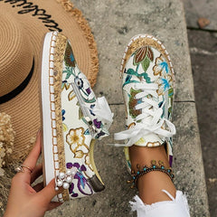 Women's Floral Print Flat Sneakers Lace Up Side Zipper Low Top Shoes