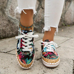Women's Floral Print Flat Sneakers Lace Up Side Zipper Low Top Shoes