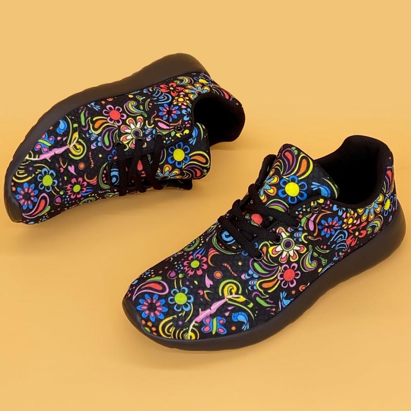 Mexican Flower Pattern Sneakers Lace Up Running Shoes Women's Footwear