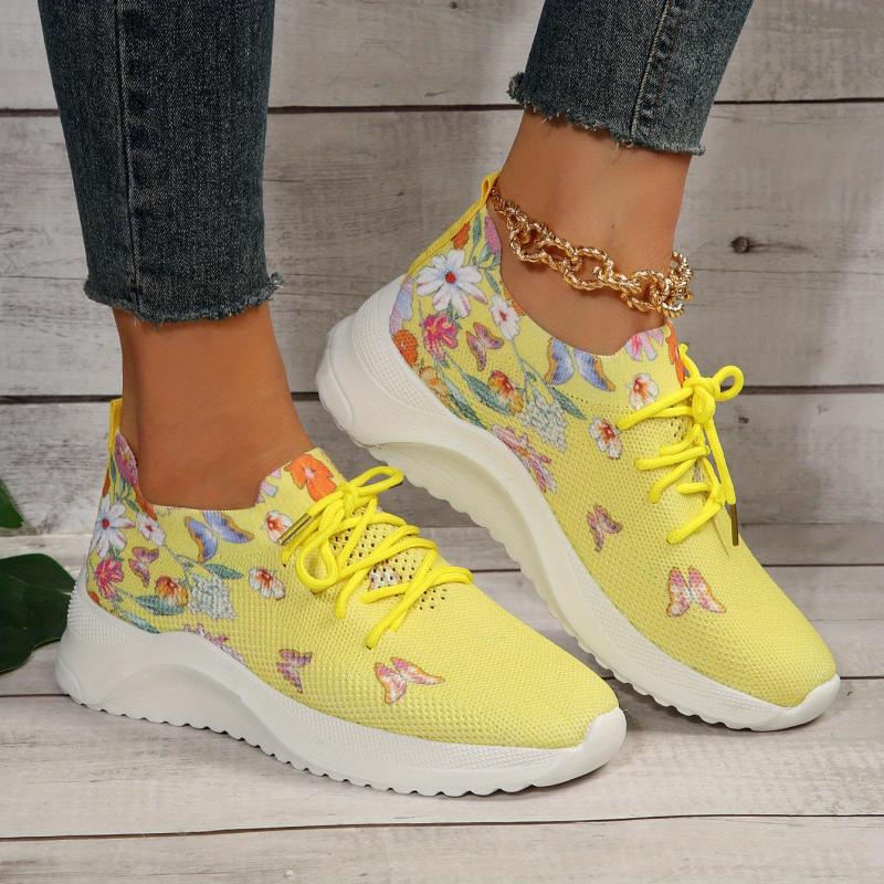 Women's Floral Sneakers Breathable Low Top Lace Up Shoes