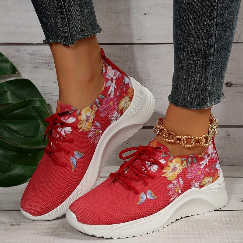Women's Floral Sneakers Breathable Low Top Lace Up Shoes