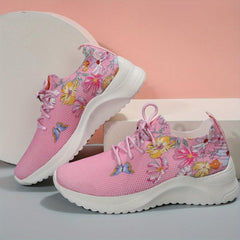 Women's Floral Sneakers Breathable Low Top Lace Up Shoes