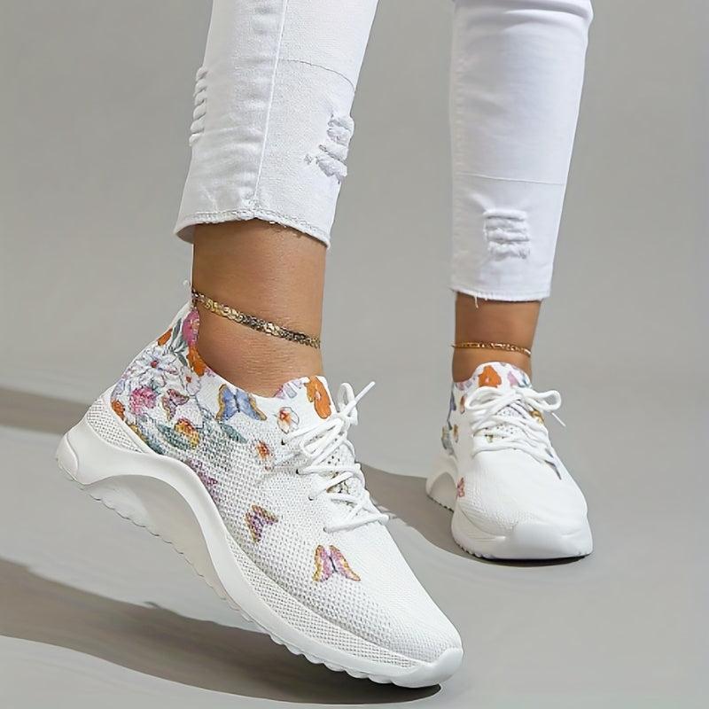 Women's Floral Sneakers Breathable Low Top Lace Up Shoes