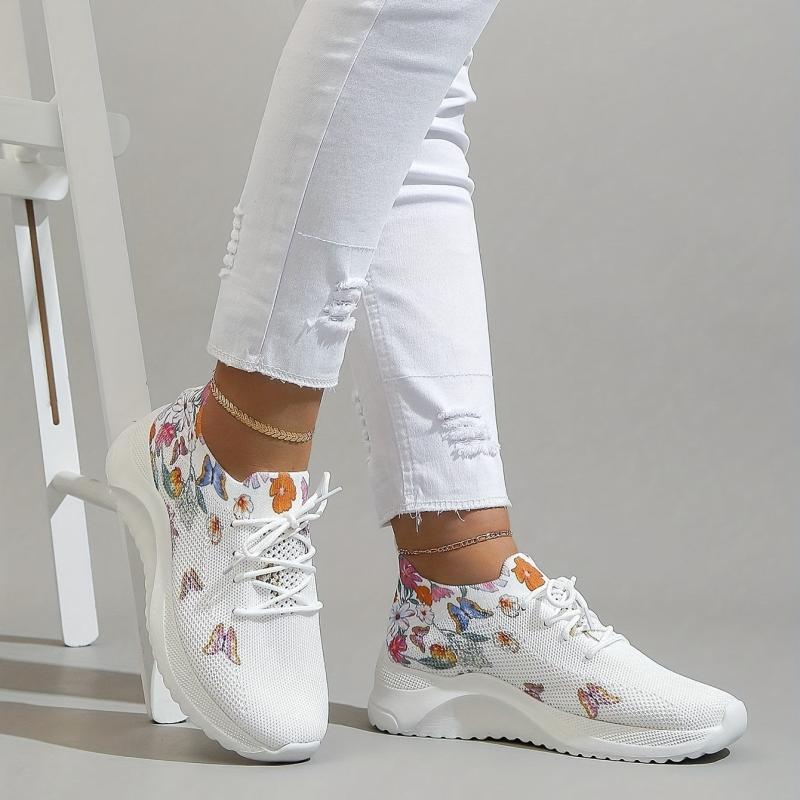 Women's Floral Sneakers Breathable Low Top Lace Up Shoes
