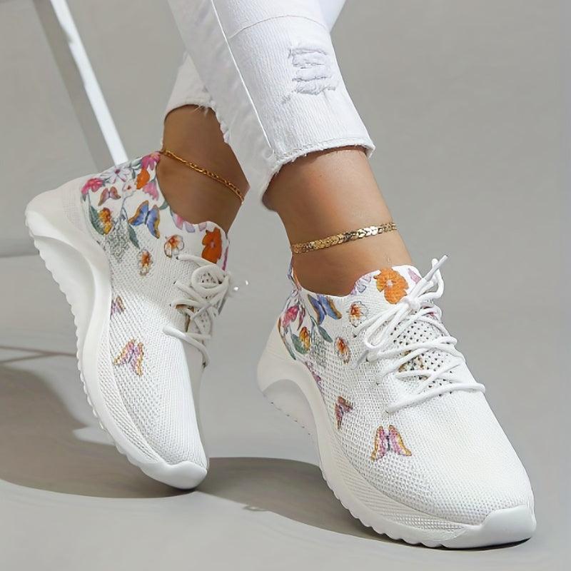 Women's Floral Sneakers Breathable Low Top Lace Up Shoes
