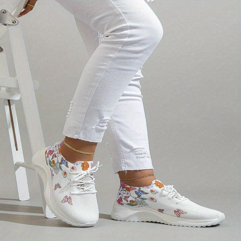 Women's Floral Sneakers Breathable Low Top Lace Up Shoes