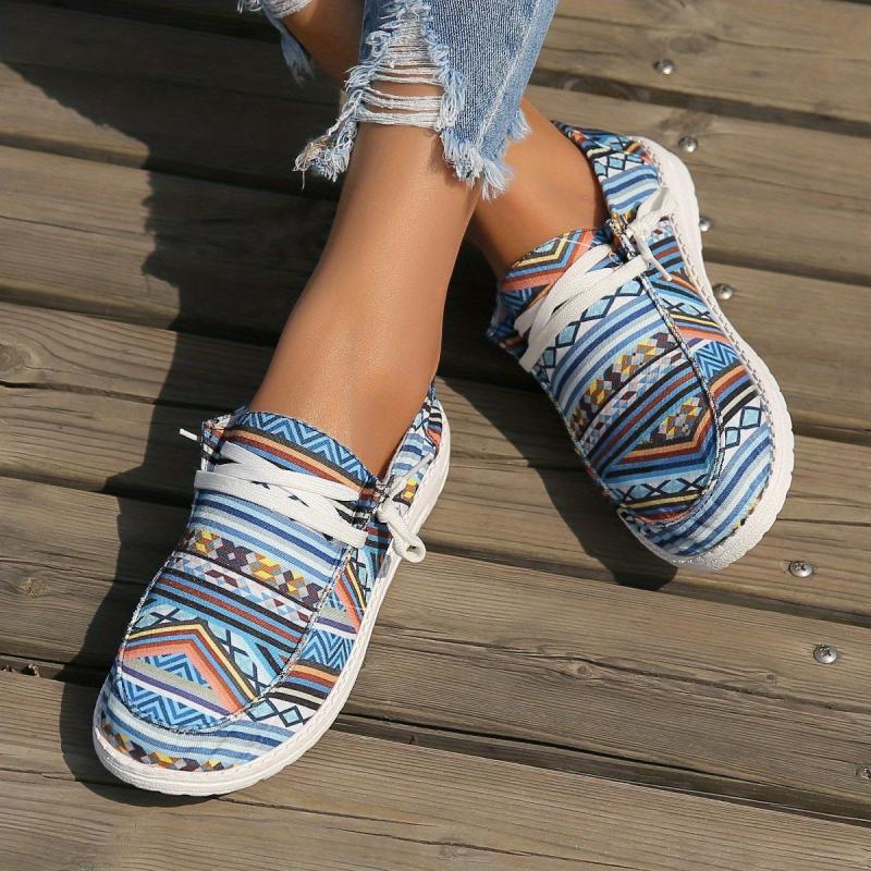 Women's Tribal Style Flat Canvas Shoes Geometric Pattern Lace Up Low Top Shoes