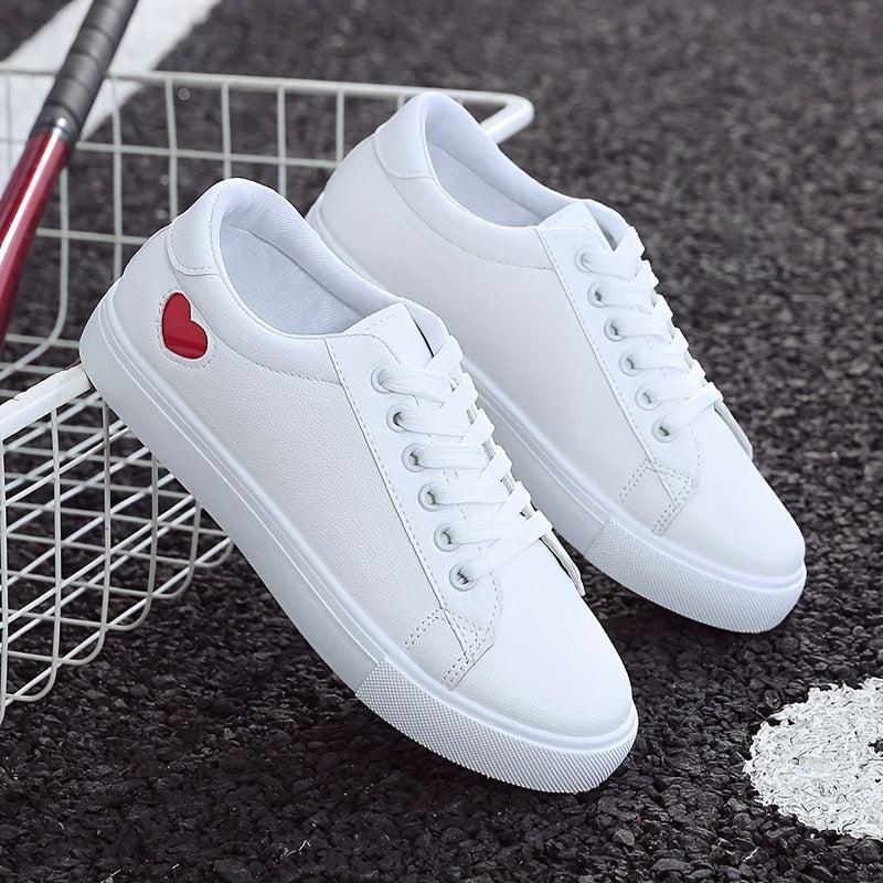 Women's Heart Flat Sneakers Lace Up Non Slip Low Top Shoes