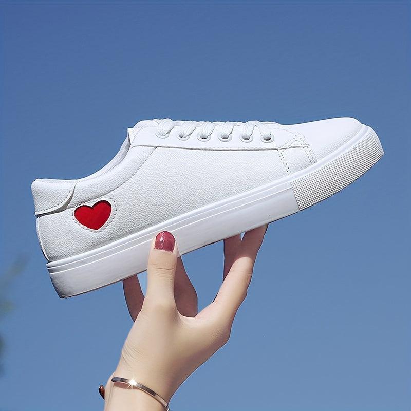 Women's Heart Flat Sneakers Lace Up Non Slip Low Top Shoes